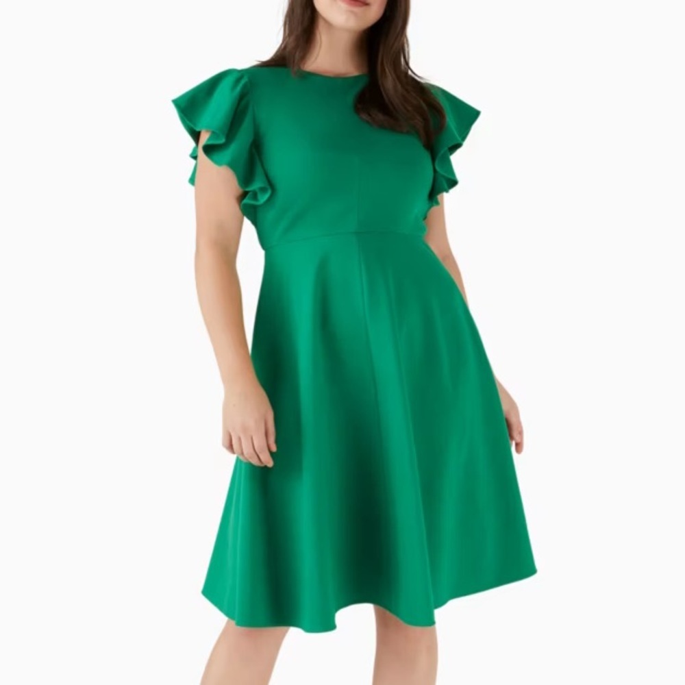 NWT Kate Spade Ponte Ruffle Sleeve Fit & Flare Dress Kelly Green | Size 14
